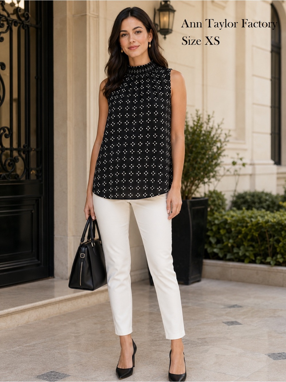 Ann Taylor Factory Black White Dot Smocked Mock Neck Sleeveless Blouse XS